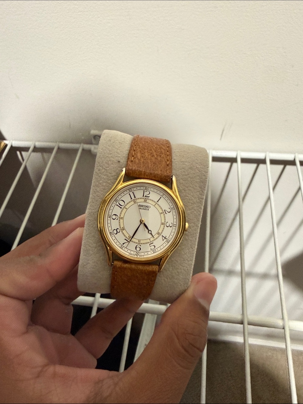 Seiko Gold Case Cream Dial Brown Leather Strap Watch